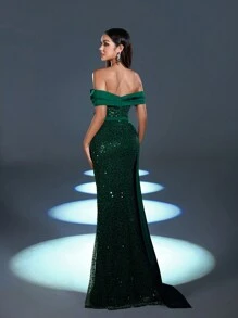 Faeriesty Sukienka formalna z odkrytymi ramionami i rozcięciem z boku, elegancka wieczorowa suknia dla gościa weselnego, na ukończenie szkoły, kolację - Ciemnozielony - Zobacz 3