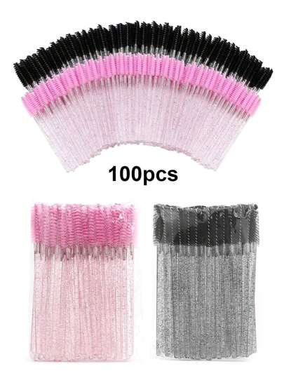 100pcs/Pack Disposable Pink + Black Eyelash Mascara Brushes, Eyebrow Brushes, Mini Makeup Brushes