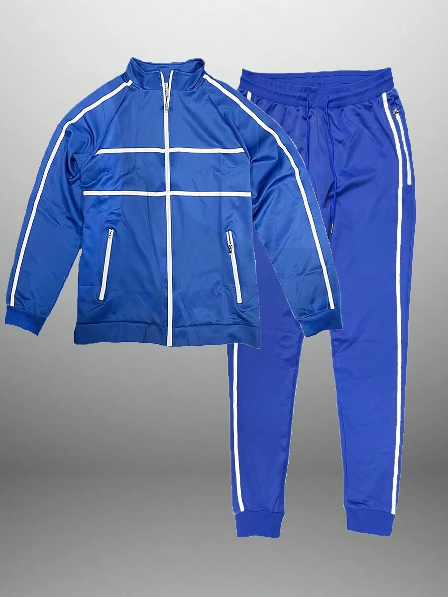 Mens Stripe Tape Zip Up Jacket And Jogger Set Co-Ord Long Sleeve Two-Piece Set - 寶藍色 - 查看 1
