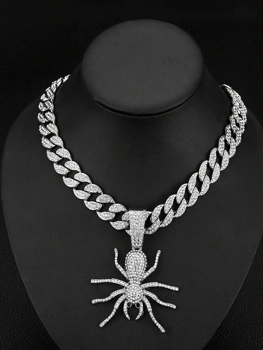 Men's Punk Style Spider Pendant Necklace With Rhinestones, Suitable As Jewelry Gift Or For Parties