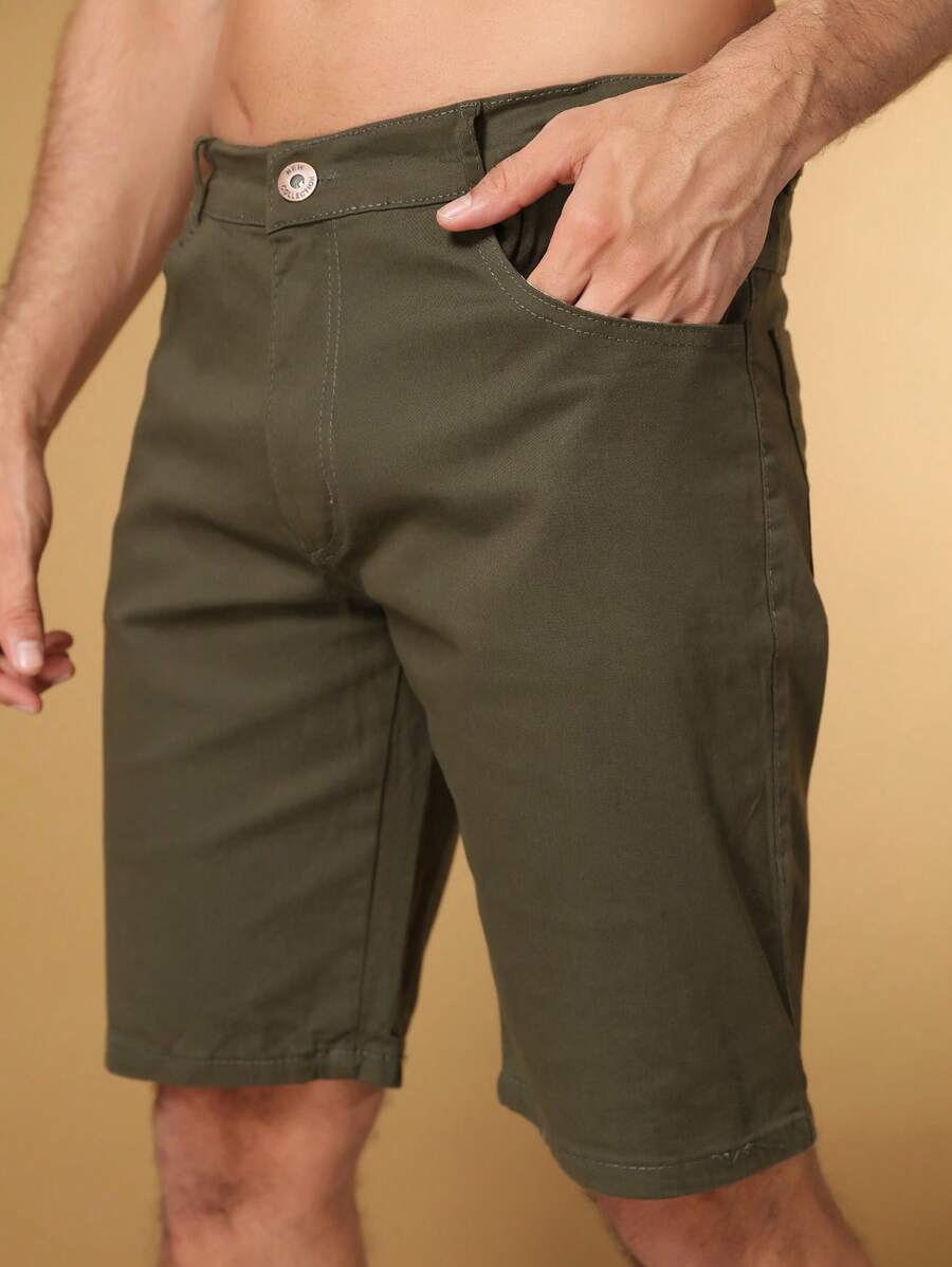 Men's Slim Twill Bermuda Shorts With Lycra - 軍綠色 - 查看 1