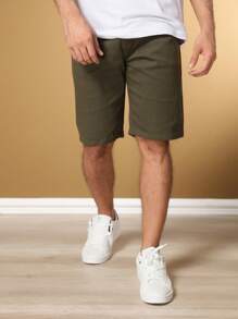 Men's Slim Twill Bermuda Shorts With Lycra - 軍綠色 - 查看 2