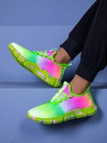 Paare Schuhe: Ultra-weich, super-leicht Popcorn Sohle, geruchsresistente Sohle, bunte gestrickte Rundkappe, Schnürung in einem Stück Socken-Stil, lässiges sportliches Design, eng anliegend, Popcorn Sohle, asymmetrischer mehrfarbiger lässiger Sportbekleidung Sneaker