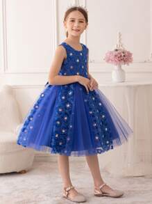 Vestido de princesa elegante para niñas jóvenes decorado con lentejuelas florales, apto para fiesta, actuación, cumpleaños, festival, escenario, concierto - Azul - Ver 5