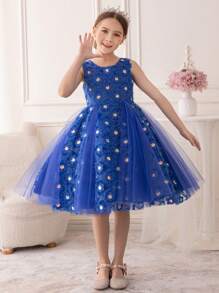 Vestido de princesa elegante para niñas jóvenes decorado con lentejuelas florales, apto para fiesta, actuación, cumpleaños, festival, escenario, concierto - Azul - Ver 1
