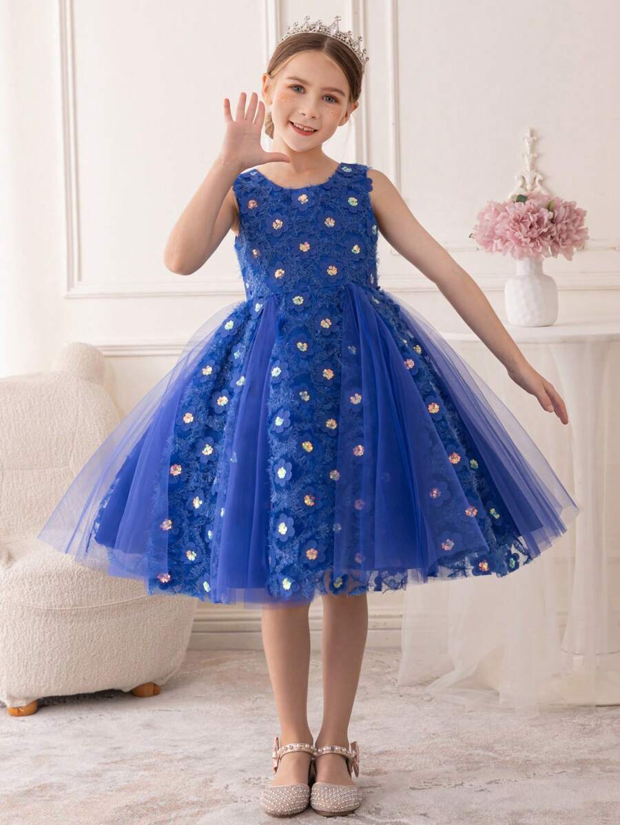 Vestido de princesa elegante para niñas jóvenes decorado con lentejuelas florales, apto para fiesta, actuación, cumpleaños, festival, escenario, concierto - Azul - Ver 1