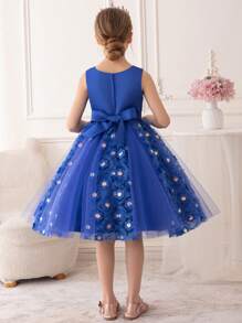 Vestido de princesa elegante para niñas jóvenes decorado con lentejuelas florales, apto para fiesta, actuación, cumpleaños, festival, escenario, concierto - Azul - Ver 2