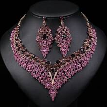 3pcs Bridal Jewelry Set, Necklace & Bracelet, With Rhinestones & Zirconia, For Wedding Dress, High-End Accessory