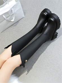 2025 秋冬新款黑色过膝长靴，厚底粗跟高跟靴，修身及膝马靴，适合娇小身材 - 黑色 - 查看 5