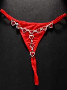 Tanga Jóia com Coração de Cristal Vermelho Quente, Calcinha com Strass para Mulheres, Acessórios Sexy de Corpo Corrente Tanga Wasit Maiô Bikini