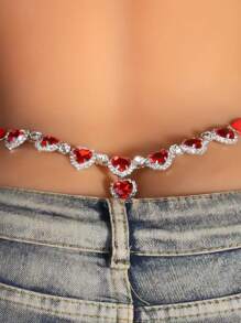 Tanga Jóia com Coração de Cristal Vermelho Quente, Calcinha com Strass para Mulheres, Acessórios Sexy de Corpo Corrente Tanga Wasit Maiô Bikini