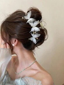 1pc Women's Oversized Pearl & Rhinestone Butterfly Hairclip, Sweet & Lovely Bun Hairstyle Decor, Pink Color Accessory, Elegant Bohemian Style For Daily Casual Outing & Party - Beige - View 2