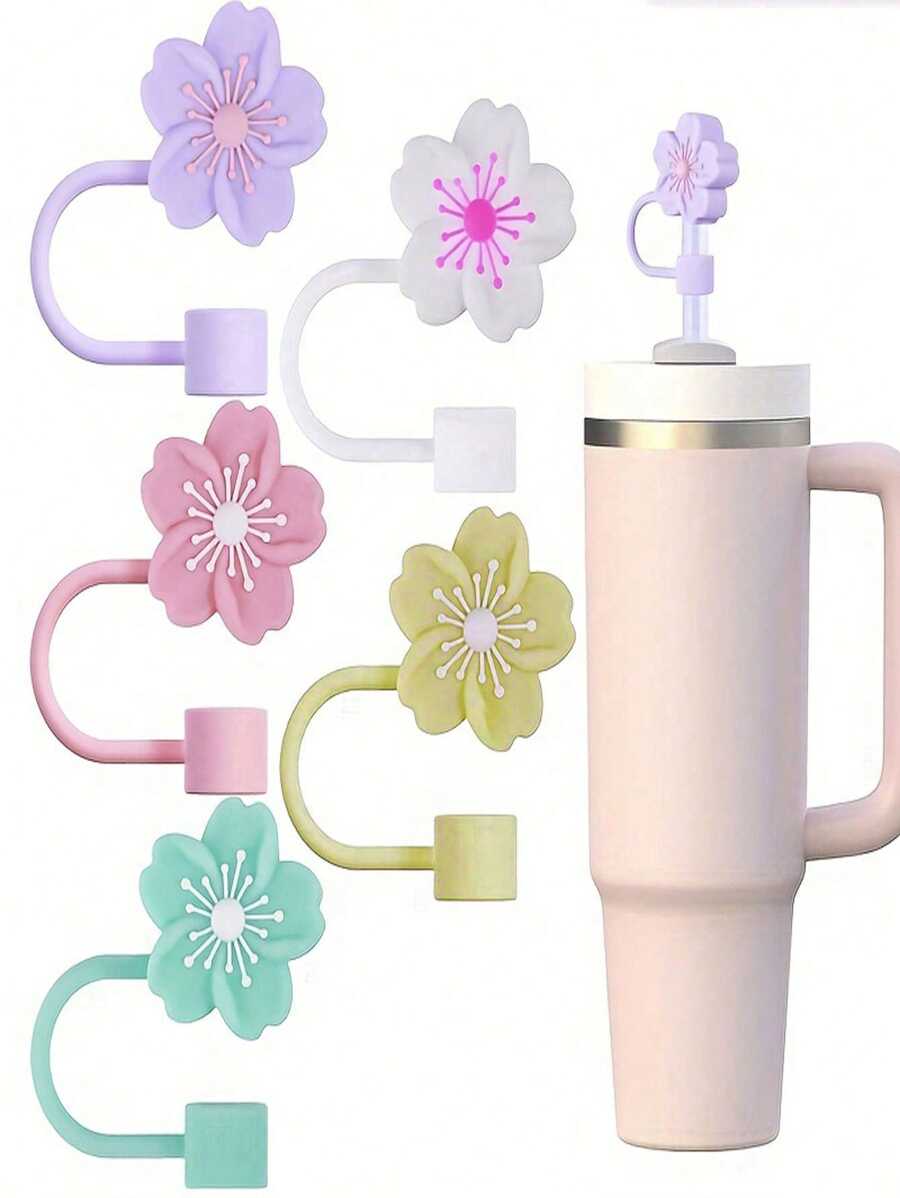 5 件硅胶吸管套，樱花设计，适合 10 毫米杯吸管，可爱花卉运动旅行杯配件圣诞礼物，学校用品 - 彩色 - 查看 1