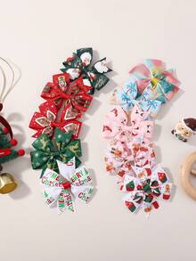 10/20/40 件随机圣诞印花弹力丝带蝴蝶结发夹，时尚女孩派对发饰 - 彩色 - 查看 6