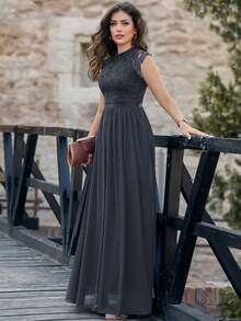 MIUSOL Elegant Floral Lace Mock Neck Cap Sleeve Pleated Hem Prom Party Dress Formal Evening Wedding Guest Gown, For Graduation, Dinner - Dark Grey - View 5