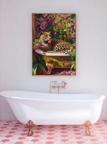 1pc Framed/Unframed Minimalist Oil Painting Of Tiger In Bathtub, Bold And Vibrant Dopamine Animal Picture, Colorful And Fashionable Bathroom Wall Art - Multicolor - View 5