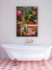 1pc Framed/Unframed Minimalist Oil Painting Of Tiger In Bathtub, Bold And Vibrant Dopamine Animal Picture, Colorful And Fashionable Bathroom Wall Art - Multicolor - View 3