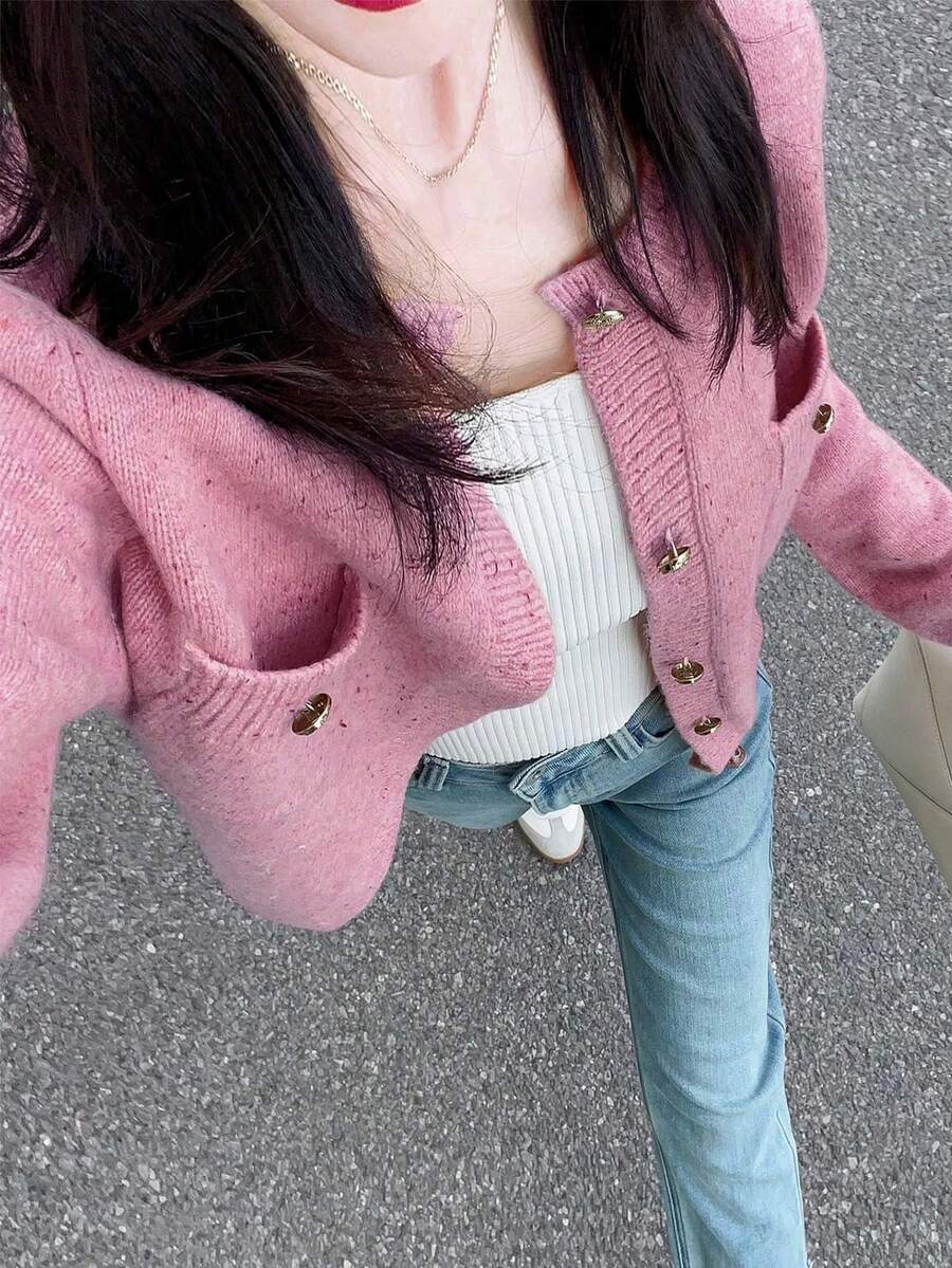 女士针织开衫，柔软舒适毛衣，优雅气质，春秋粉色