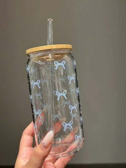 1pc Butterfly Printed Glass Cup With Lid & Straw, Jar Shaped Water Bottle, Iced Coffee Cup, Suitable For Tea, Juice, Milk, Birthday Gift, Drinkware Back To School