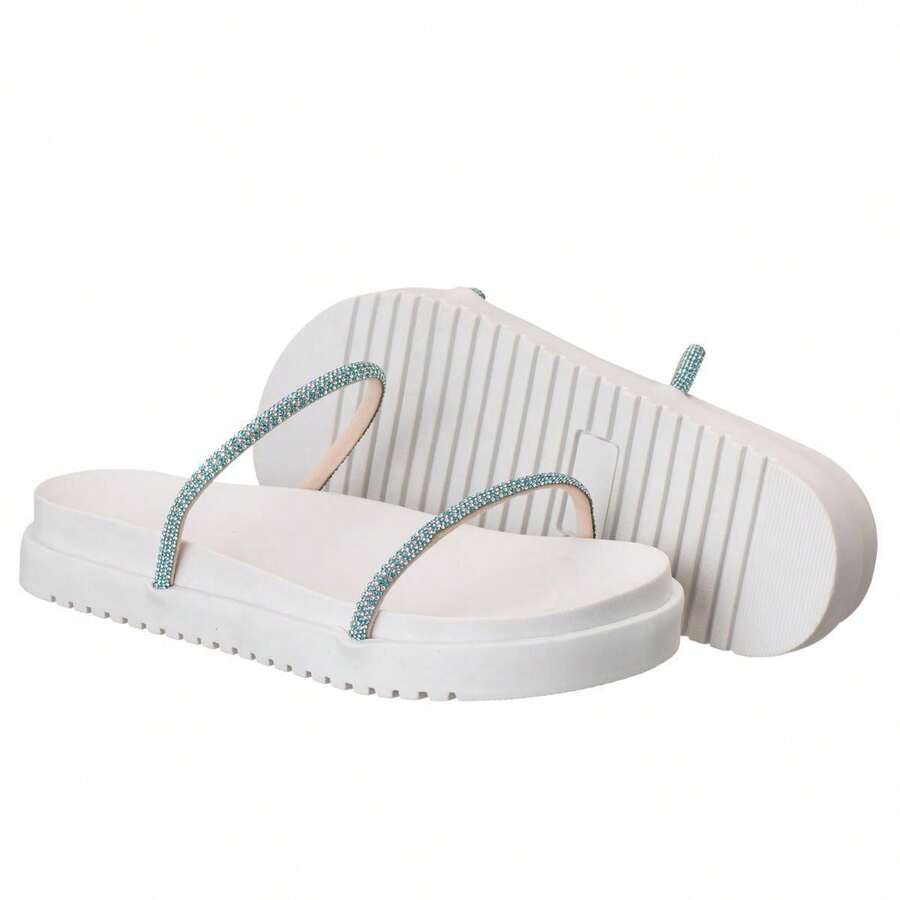 Women's Flat Sandals With Straps, Shiny Rhinestones, Comfortable - 綠色 - 查看 1