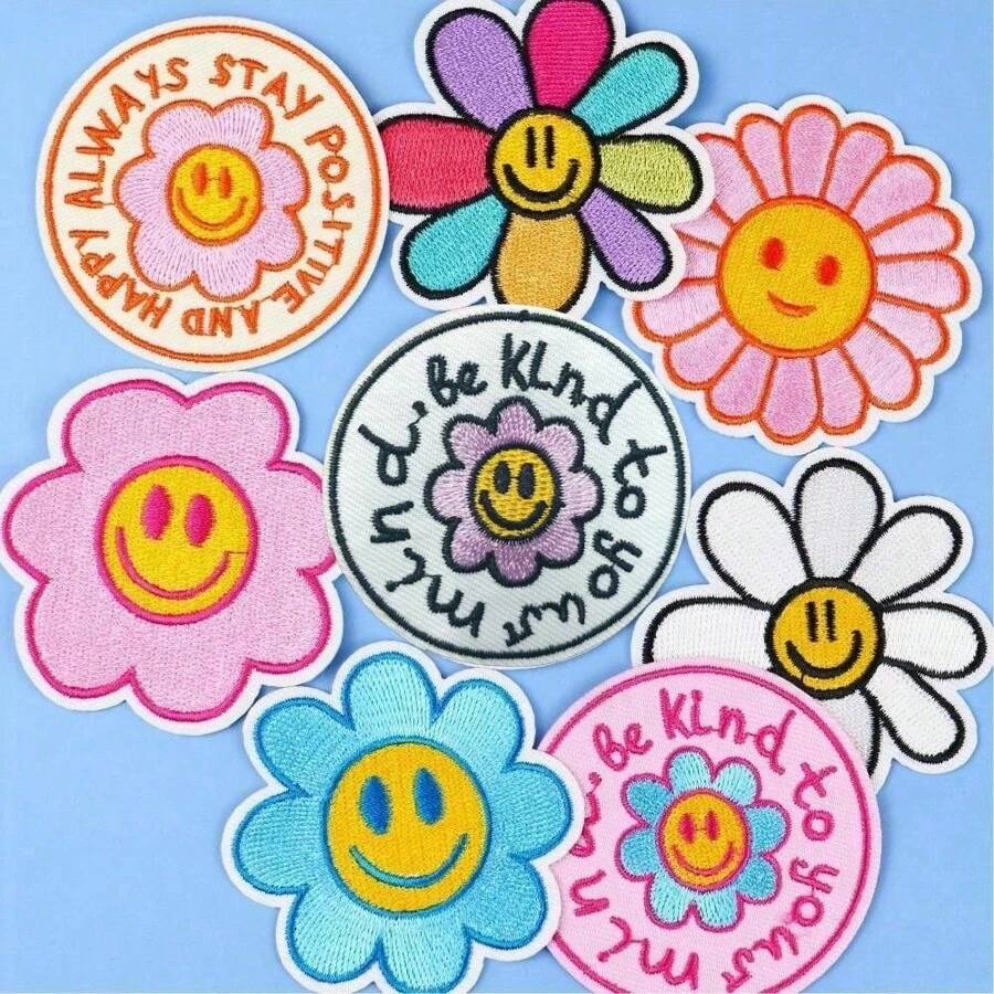 8pcs Sunflower & Face DIY Embroidery Patch Stickers, For Jacket, Jeans