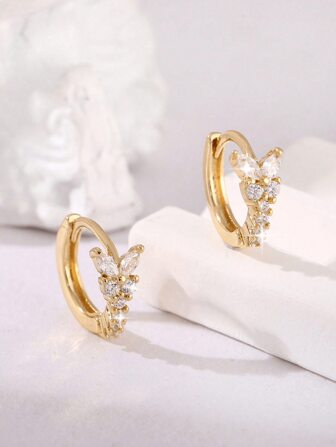 1 Pair Elegant Copper Zircon Geometric Circle And Butterfly Design Small Earrings, Versatile Birthday Gift For Girls