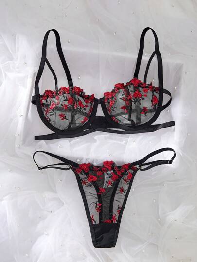 Women Bloemen Geborduurde Mesh Verleidelijke Lingerie Set, Rave view 2