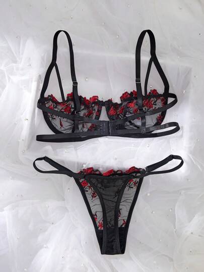 Women Bloemen Geborduurde Mesh Verleidelijke Lingerie Set, Rave view 3