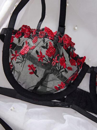 Women Bloemen Geborduurde Mesh Verleidelijke Lingerie Set, Rave view 4