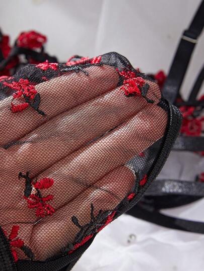 Women Bloemen Geborduurde Mesh Verleidelijke Lingerie Set, Rave view 5