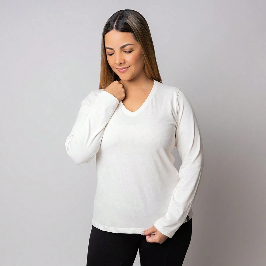 Women's Long Sleeve V-Neck T-Shirt - ngà voi - Xem 1
