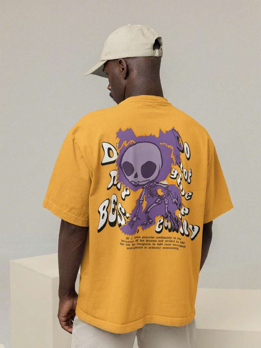 Men's Oversized T-Shirt 100% Premium Cotton Skeleton Streetwear Shirt - 橘色 - 查看 1
