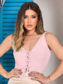 Cropped Top Modal Knit Tank Top Tie New Release - Màu Hồng baby - Xem 2