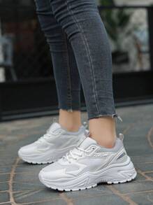 女士百搭厚底运动鞋，舒适纯色户外运动鞋 - 白色 - 查看 4