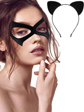 1 件猫女面具和 1 件猫耳头带，面具化妆舞会面具猫女配饰，适合万圣节角色扮演，猫女服装，2024 年圣诞女装，黑猫成人服装，新年礼物，适合万圣节角色扮演派对