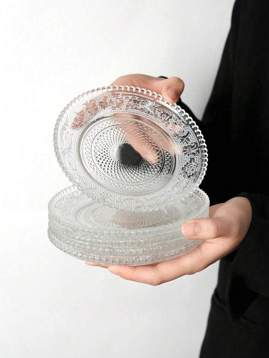 1 pieza Plato de vidrio vintage con relieve, plato de fruta de alta calidad y estética, plato para aperitivos, plato para el desayuno, bandeja de servir redonda para uso doméstico, regalo de Navidad - transparente - Ver 1