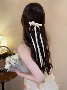 1pc Sweet Girl Ribbon Faux Pearl Beaded Long Tassel Bow Hair Clip, Suitable For Daily Wear, Photography, Travel,Hair Accessories,Hair Barrettes Hair Clips Claw Clips Hair Claws