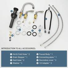 双把手 8 英寸宽幅浴室水槽水龙头，拉丝镍面盆水龙头，3 孔 360° 旋转喷嘴，带弹出式排水组件和 CUPC 供水软管[无法发货，家居浴室装饰，夏季]