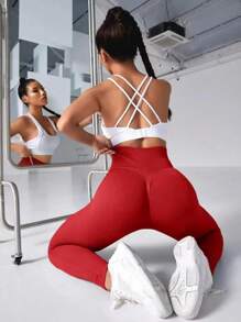 Legging Fitness Wanita Tanpa Jahitan Elastis Tinggi, Celana Pendek Yoga Olahraga Musim Semi dengan Pinggang Tinggi Bergaris Elastis Ketat untuk Mengangkat Bokong - Rose Red - View 8