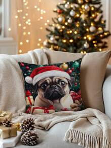 1pc Christmas Hat Pet Dog Animal Puppy Pattern Cushion Cover, Modern Fabric Plush Printed Throw Pillow Case For Sofa Living Room Christmas Home Decoration, Without Filler - Multicolor - View 4