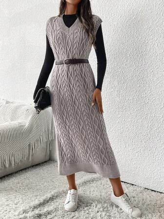 Damklänning med ärmlös stickning och dragsko i midjan, enfärgad, höst/vinter