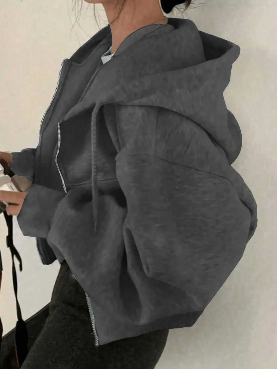 女士休闲纯色连帽抽绳长袖拉链夹克，带口袋，适合日常通勤，秋冬季 - 深灰色 - 查看 1