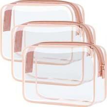 Trousse de toilette approuvée - Sac de maquillage transparent et imperméable, format quart, sac cosmétique de voyage pour femmes, sac de cabine pour l'aéroport et l'aviation, 3 pièces - Rose pâle - Voir 1