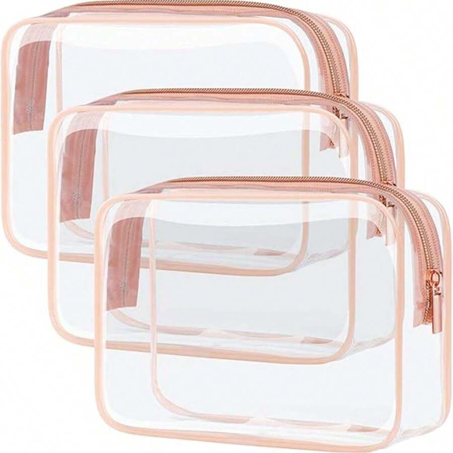 Trousse de toilette approuvée - Sac de maquillage transparent et imperméable, format quart, sac cosmétique de voyage pour femmes, sac de cabine pour l'aéroport et l'aviation, 3 pièces - Rose pâle - Voir 1