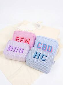 Custom Shadow Monogram Cosmetic Bag, Shadow Monogram Embroidered Makeup Bag, Personalized Bridesmaid Makeup Bag, Seersucker Cosmetic Bag For Girl, Large Capacity Cosmetic Bag, Bridesmaid Bridal Gifts, Makeup Organizer, Monogrammed Toiletry Bag, Embroidered Make Up Bag, Bridesmaid Makeup Bag, Bridesmaid Gift, Women Gifts, Personalized Gifts, Preppy Vibes - Multicolor - View 3