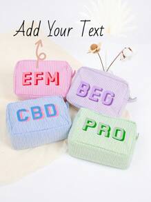 Custom Shadow Monogram Cosmetic Bag, Shadow Monogram Embroidered Makeup Bag, Personalized Bridesmaid Makeup Bag, Seersucker Cosmetic Bag For Girl, Large Capacity Cosmetic Bag, Bridesmaid Bridal Gifts, Makeup Organizer, Monogrammed Toiletry Bag, Embroidered Make Up Bag, Bridesmaid Makeup Bag, Bridesmaid Gift, Women Gifts, Personalized Gifts, Preppy Vibes - Multicolor - View 4