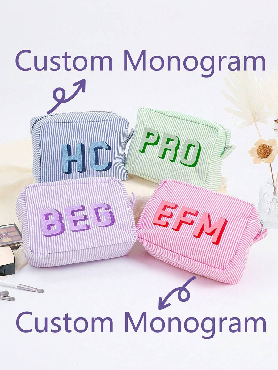 Custom Shadow Monogram Cosmetic Bag, Shadow Monogram Embroidered Makeup Bag, Personalized Bridesmaid Makeup Bag, Seersucker Cosmetic Bag For Girl, Large Capacity Cosmetic Bag, Bridesmaid Bridal Gifts, Makeup Organizer, Monogrammed Toiletry Bag, Embroidered Make Up Bag, Bridesmaid Makeup Bag, Bridesmaid Gift, Women Gifts, Personalized Gifts, Preppy Vibes - Multicolor - View 1