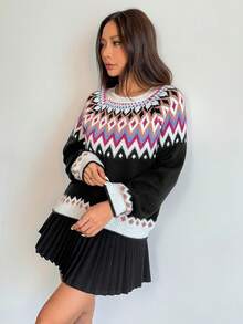 女装新款秋冬复古圆领费尔岛提花长袖针织毛衣女宽松防风拼色毛衣套头衫 - 黑色 - 查看 6