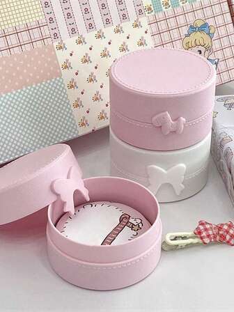 1pc Cute Milky Bow Pony Shaped Storage Box, Portable Round Solid Color Covered Hairpin Container