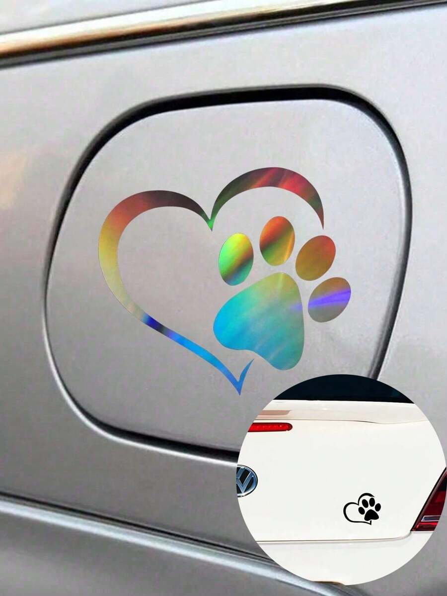 2 件装汽车贴纸狗爪印和心形反光贴花，创意反光汽车贴纸可遮盖车身和车门上的划痕，独特且吸引爱狗人士 - 彩色 - 查看 1